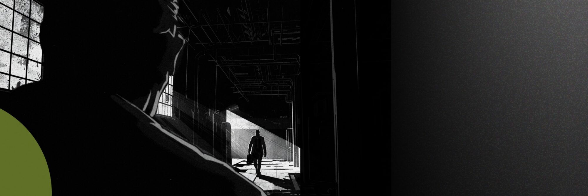 Illustration of a man walking away in a dark industrial setting with.